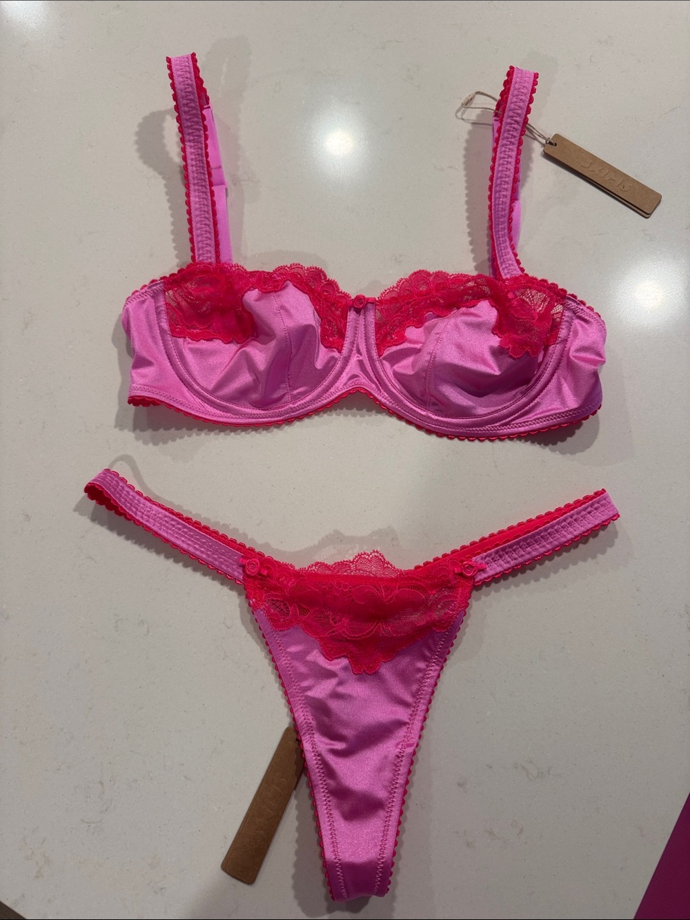SKIMS Pink Satin Underwire Bra & Hot-Pink Lace Thong Set